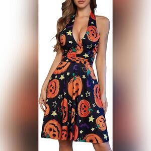 NWT CVCPP Halter V Neck Sleeveless Mini Dress with Pockets, Pumpkins, XL